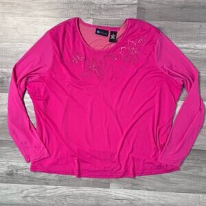 Y2K Mesh Pink Beaded Top Long Sleeve Plus Size 3X